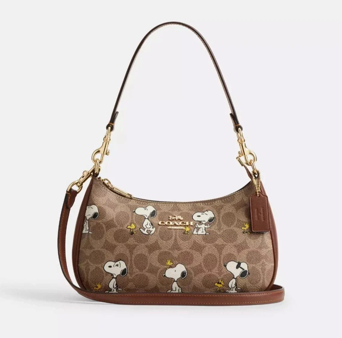 COACH x PEANUTS Teri Shoulder Bag CBJ88 Tan Brown Signature Canvas Snoopy Print